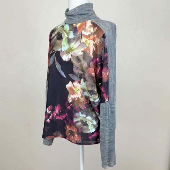 Zara W&B Floral Chiffon Sheer Front Gray Fine Knit Roll Neck Turtleneck Top L - Picture 3 of 10